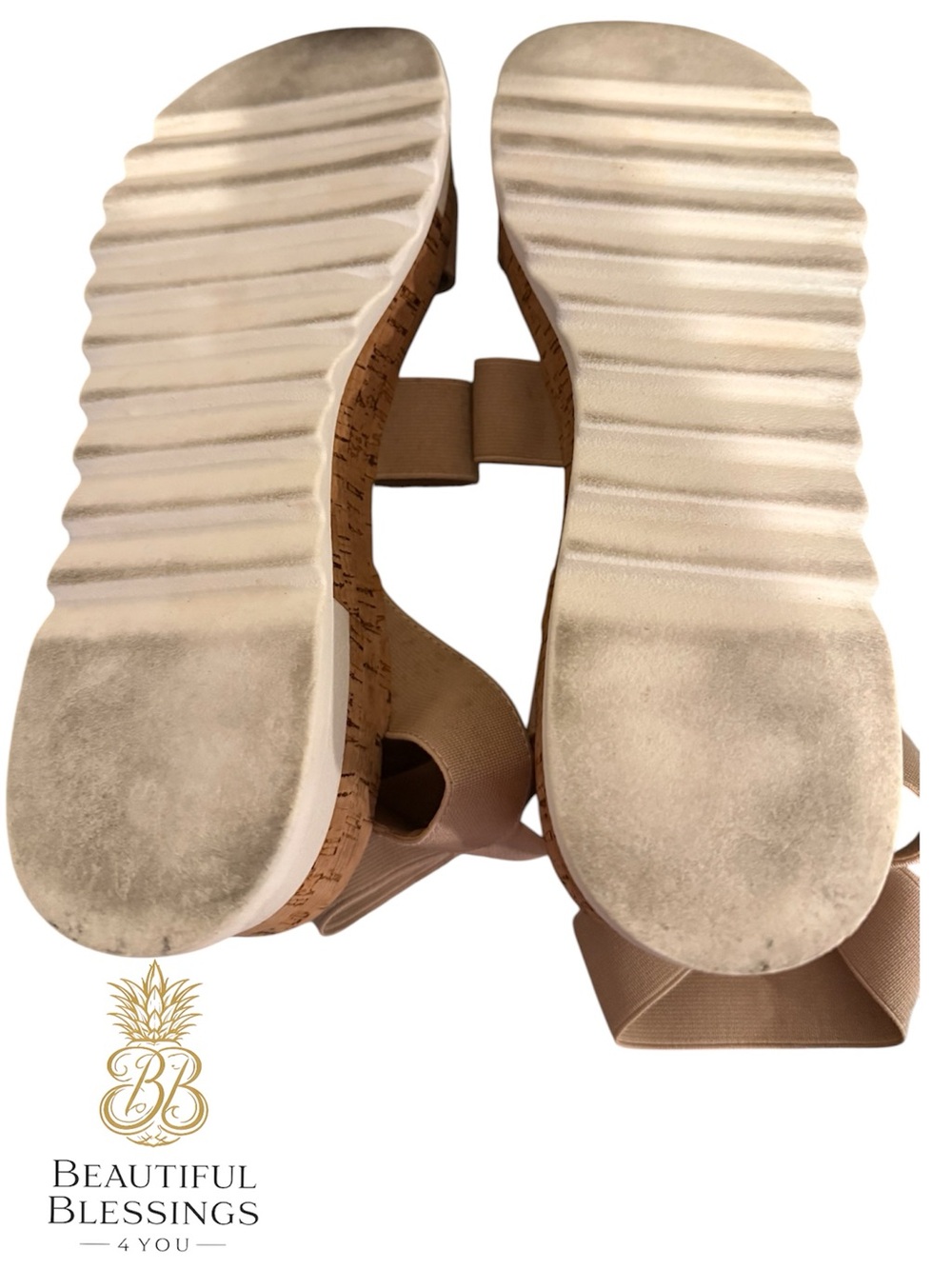 Steve Madden platform Sandals Women 8.5 Beige Elastic Strap Cork Wedge Comfort - Picture 8 of 11
